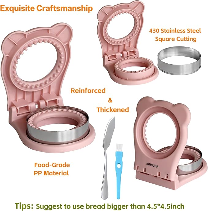 Sandwich Cutter and Sealer - 3.7" Circle & Square Pocket Sandwich Maker, Intuitive & Easy-to-Use for Boys &Girls, Perfect for Breakfast & Lunchboxes (Light Pink, Round)