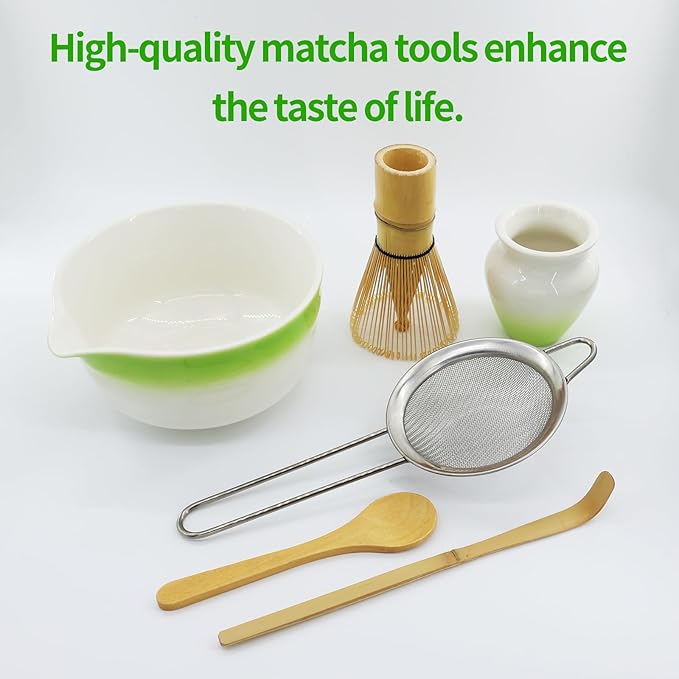 Matcha Whisk Set,7-Pcs Matcha Making Kit with Matcha Bowl,Whisk,Chasen Holder, Sifter, Tea Towel,Measuring Spoon,Bamboo Scoop,Ceremony Matcha Set Lovers Gift (Green)