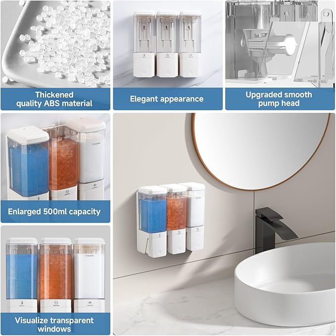 Shampoo and Conditioner Dispenser Wall Mounted, Shower Soap Dispenser No Drill Upadate Easy Slot Install, Shampoo Dispenser for Shower Bathroom Large Capacity 500ml * 3 Chamber Holder White Self
