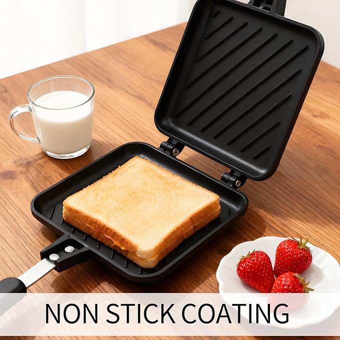Sandwich Maker, Nonstick Panini Maker Pan Grilled Stove Top Toasted Pan, Double Sided Cheese Press with Handle for Breakfast, Camping, Home, Kitchen