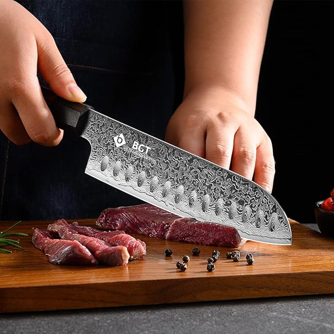 BGT 7 inch Santoku Knife, Japanese Sharp Chef Knife, Japanese VG10 67 layer Damascus Steel Kitchen Knife with Ebony Wood Handle and Gift Box