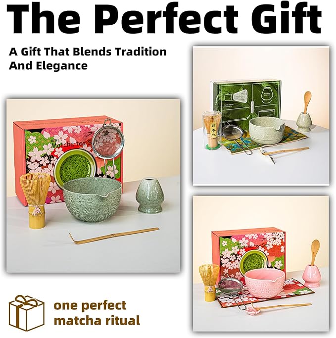 Matcha Whisk and Bowl Set, 8 PCS Matcha Kit Includes Bowl with Spout, Whisk,Holder,Bamboo Scoop and Sifter, Unique Gift for Matcha Lovers (B)