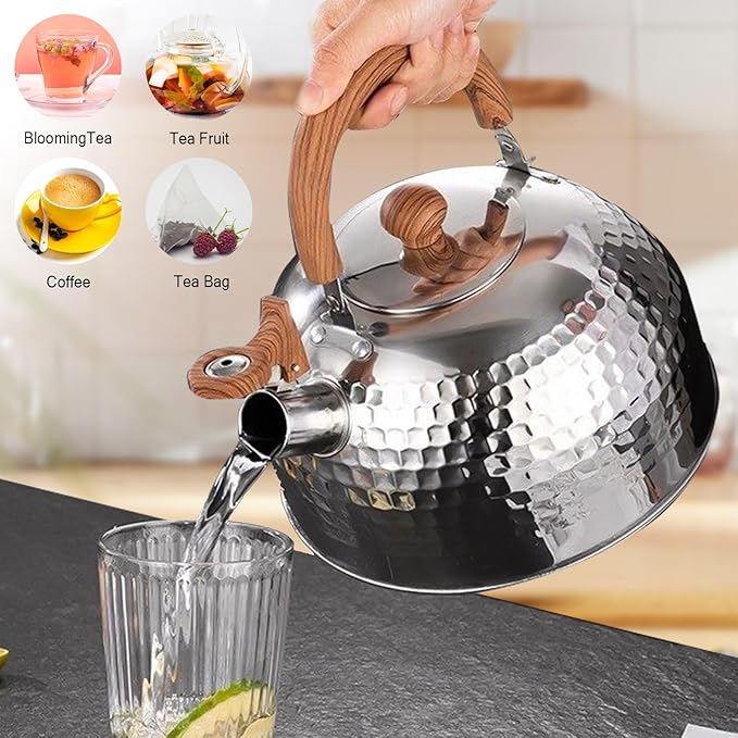 Tea Kettle, Food Grade Stainless Steel with Wood Pattern Folding Handle, Whistling Kettle for Induction, Gas, and Electric Stovetops (2 liters)