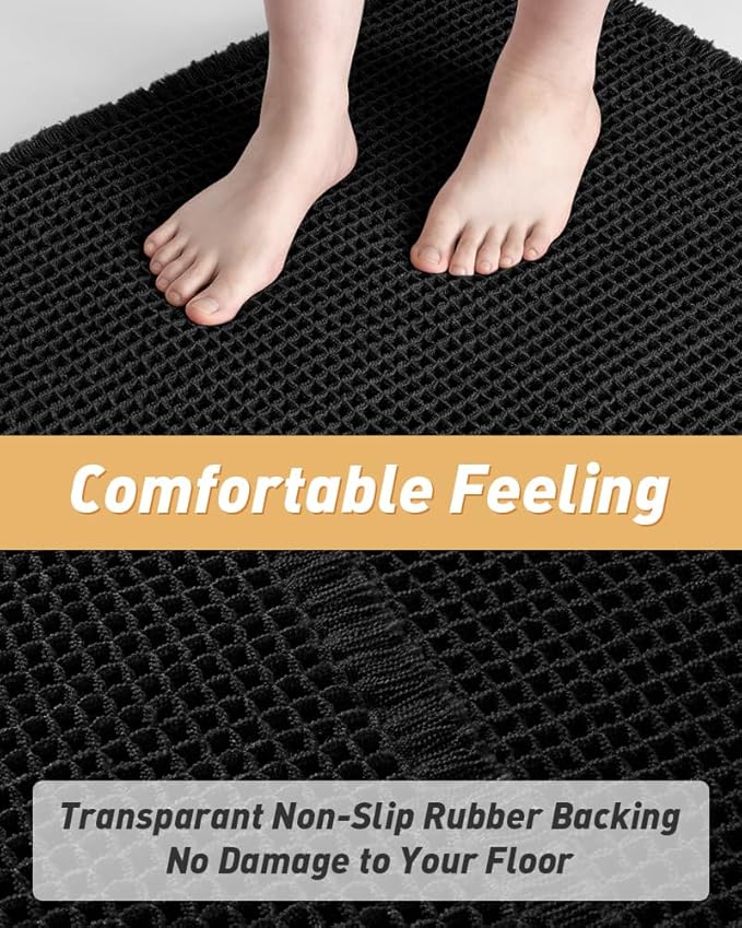 AMOAMI Upgraded Waffle Runner Rug Super Absorbent Non Slip Bath Mats for Bathroom Machine Washable Bathroom Runner Rug with Tassels, Ideal for Hallway Bedroom Laundry Room, 17" x 72", Black