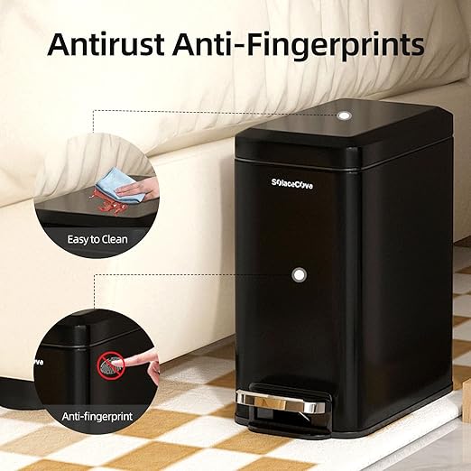 Small Bathroom Trash Can with Lid Soft Close, 6 Liter/1.6 Gallon Stainless Steel Dorm Trash Can with Removable Inner Bucket, Slim Garbage Can for Office, Bedroom, Toilet, Live Room, Black