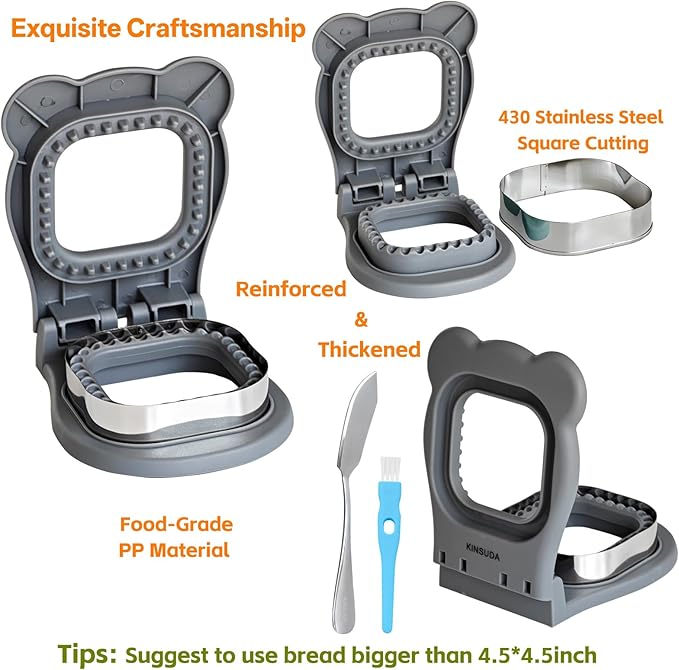 Sandwich Cutter and Sealer - 3.7" Circle & Square Pocket Sandwich Maker, Intuitive & Easy-to-Use for Boys &Girls, Perfect for Breakfast & Lunchboxes (Gray, Square)
