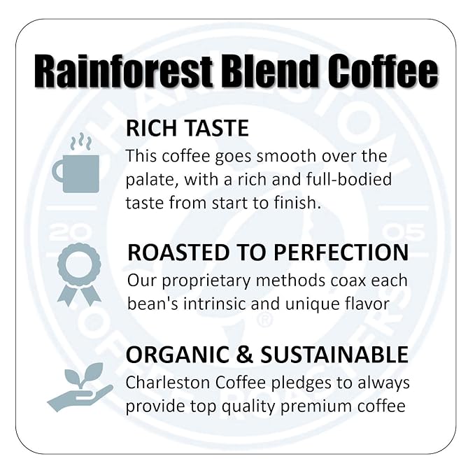 Charleston Coffee Roasters | Specialty Organic Whole Bean Coffee | Hand Picked, Premium Slow Roast | (Rainforest Blend, Dark Roast) 12oz