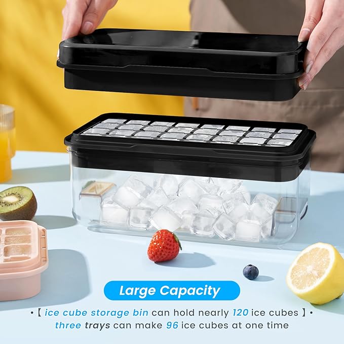 PHINOX Ice Cube Tray with Lid and Bin, 3 Pack Plastic Ice Cube Tray Molds, 96(4*8*3) pcs Ice Trays for freezer, Chilling Drinks, Whiskey & Cocktails, with Ice Container and Ice Scoop, BPA-Free, Black