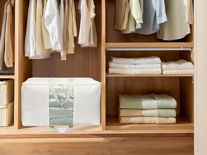 Soft Large Canvas Comforter Storage Bags with Four Carrying Handles and Clear Window, Closet Organizer for Clothing, Blankets Sheets Pillows and Bedding, 80L, Beige