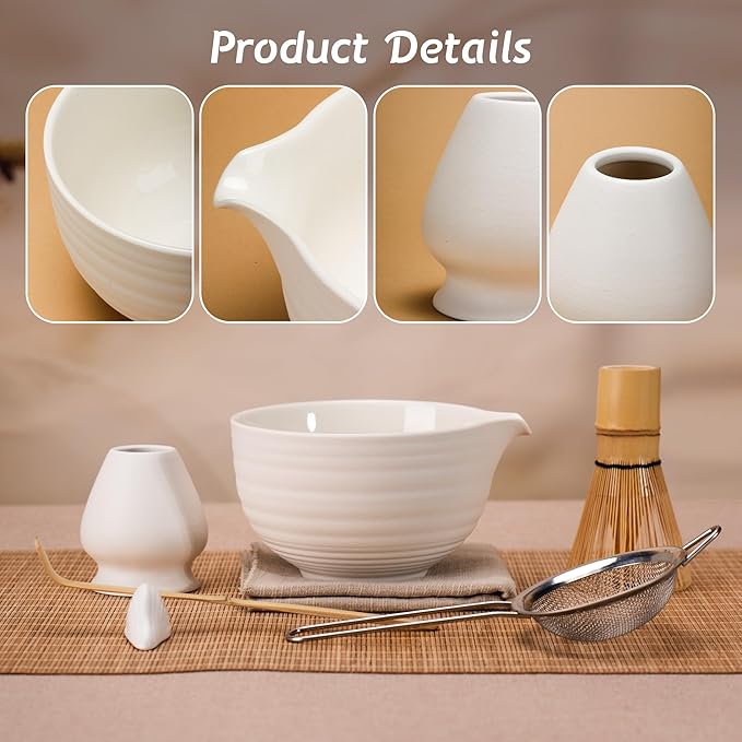 Matcha Tea Set 7 Pcs,Japanese Ceramic Bowl,Bamboo Matcha Whisk (Chasen), Scoop (Chashaku),Stainless Steel Sifter,Whisk Holder (white),Tea Towel