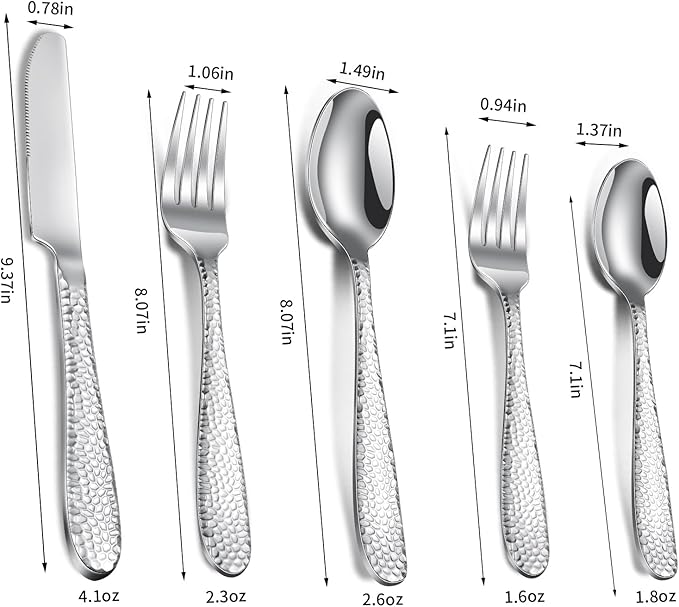Hammered Silverware Set, 40-Piece Heavy Duty Stainless Steel Flatware Sets for 8, Food-Grade Cutlery Set for Home Restaurant, Mirror Polished, Dishwasher Safe
