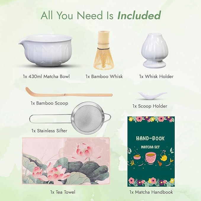 Matcha Whisk Set - 7pcs Japanese Tea Ceremony Kit with Spouted Bowl & Bamboo Whisk, Matcha Starter Kit for Beginners - Authentic Green Tea Accessories, Gift Set for Lovers-White