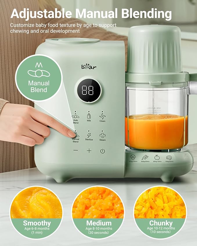Bear Baby Food Maker with Two Layer Steam Baskets, One Step Baby Food Processor Steamer Puree Blender, Baby Food Mill with Bottle Warming Sterili-zing Auto Cleaning Function, BPA-Free