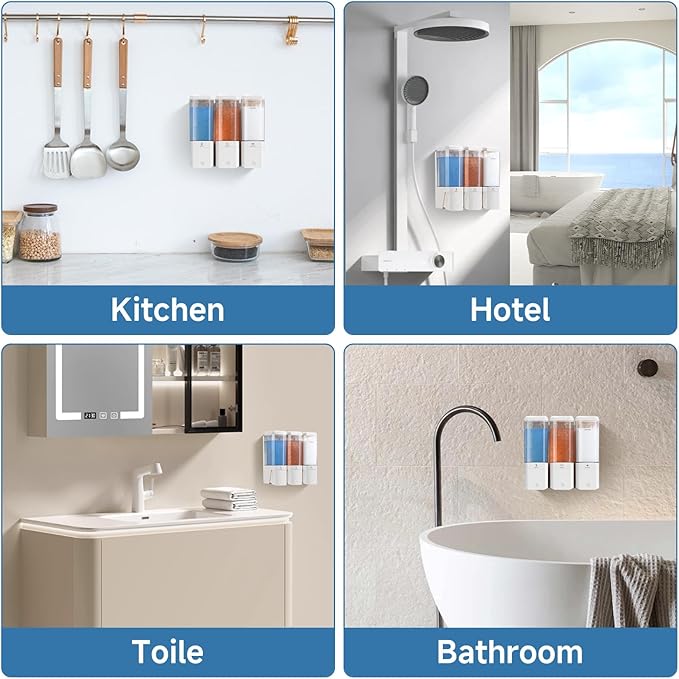 Shampoo and Conditioner Dispenser Wall Mounted, Shower Soap Dispenser No Drill Upadate Easy Slot Install, Shampoo Dispenser for Shower Bathroom Large Capacity 500ml * 3 Chamber Holder White Self