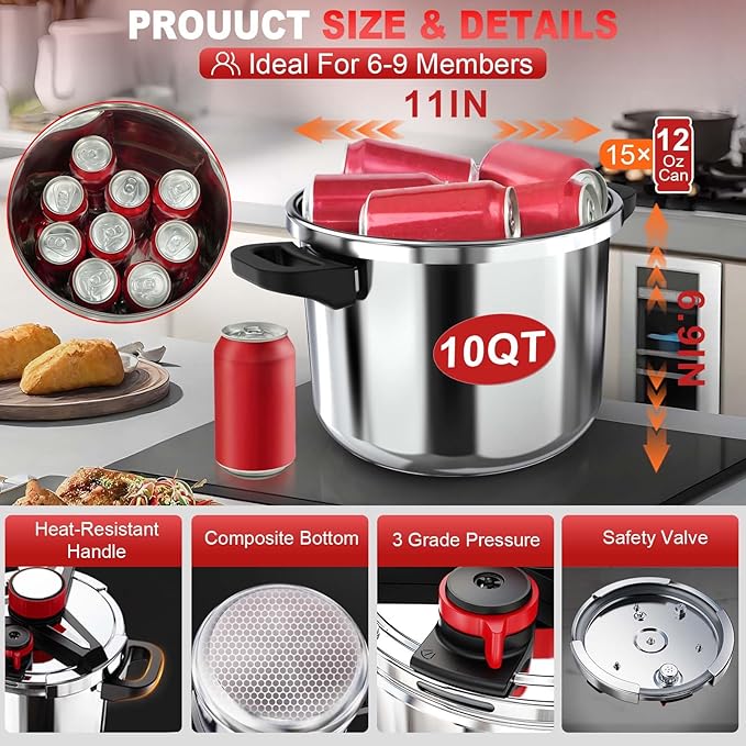 18/8 Stainless Steel Pressure Cooker 10 Quart, [One-Hand Locking] Pressure Cooker, [3-In-1] Olla de Presion, Induction Compatible, Gas Stovetop Compatible,Includes Glass Lid & Steamer Rack