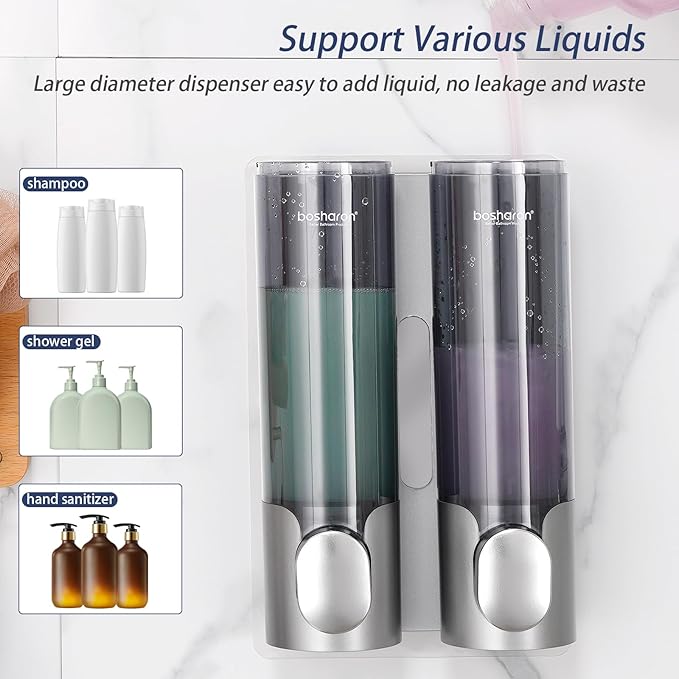 2 in 1 Shampoo and Conditioner Dispenser, 2320 ml Shower Wall Mounted Shampoo and Body Wash Dispenser for Bathroom and Hotel (2 Chamber + Silver)