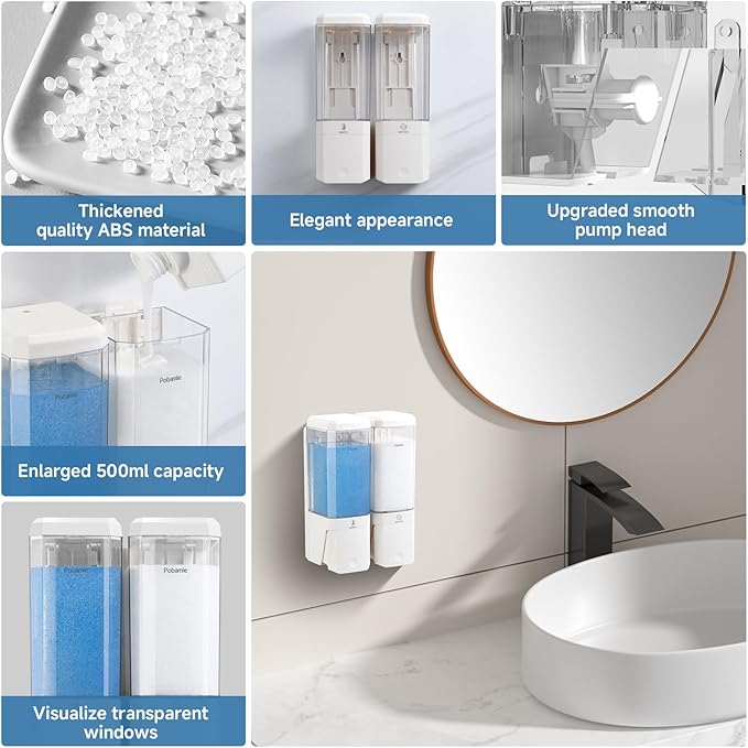 Shampoo and Conditioner Dispenser Wall Mounted, Shower Soap Dispenser No Drill Upadate Easy Slot Install, Shampoo Dispenser for Shower Bathroom Large Capacity 500ml * 2 Chamber Holder White