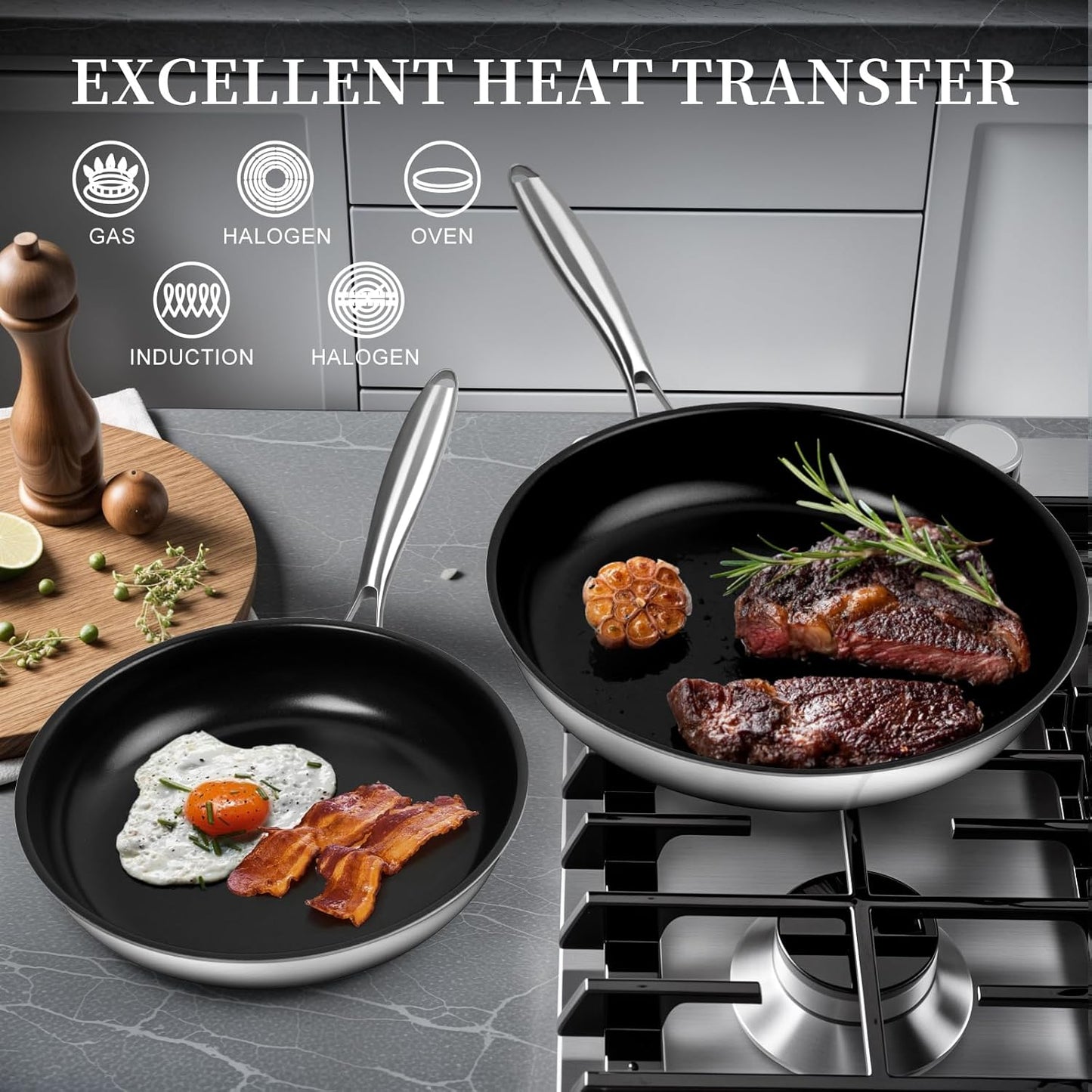 Stainless Steel Frying Pan Set, Titanium Ceramic 10” and 12” Non Stick Frying Pan Skillet Set with Lids, No Toxic Nonstick Egg Omelet Cooking Pan Set, Induction Compatible, PFAS&PTFE Free