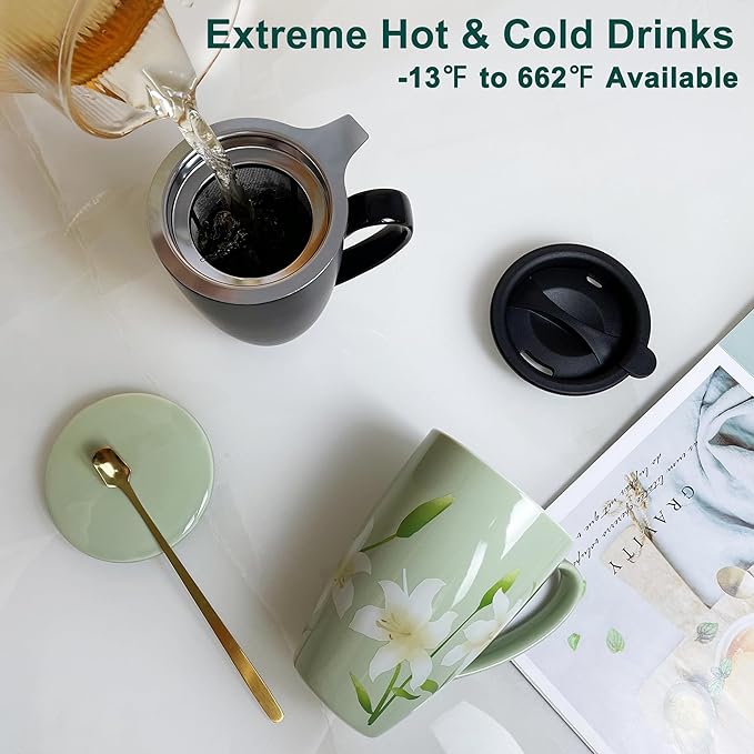 Tea Infuser Cup, 17oz Porcelain Large Tea Mugs with Infuser and Lid for Housewarming, Graduation, Retirement, Lily Green