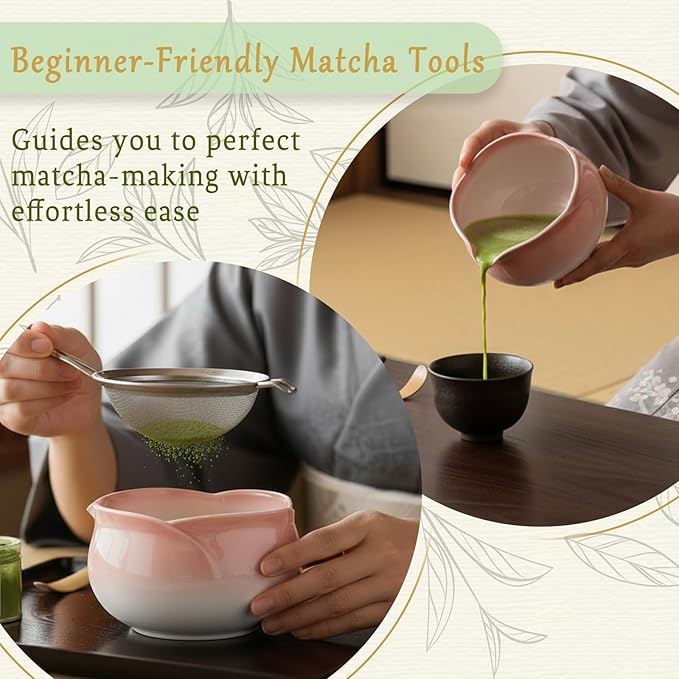 8 Pcs Red Petal Matcha Set Bowl with Spout Bamboo Chasen Sifter Spoon Scoop Whisk Holder Tea Cloth Complete Matcha Making Kit（Red）