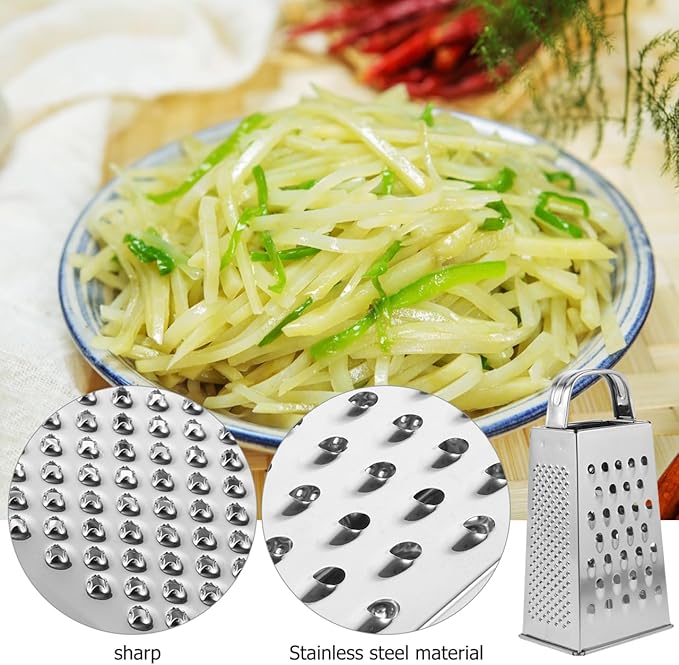 Cheese Grater - Stainless Steel Vegetable Grater with Handle, 4-Sided Multifunction Kitchen Box Garlic Slicer, for Cheese, Potato, Fruit & Vegetable 6.5 x 3.5 x 2.5 inch