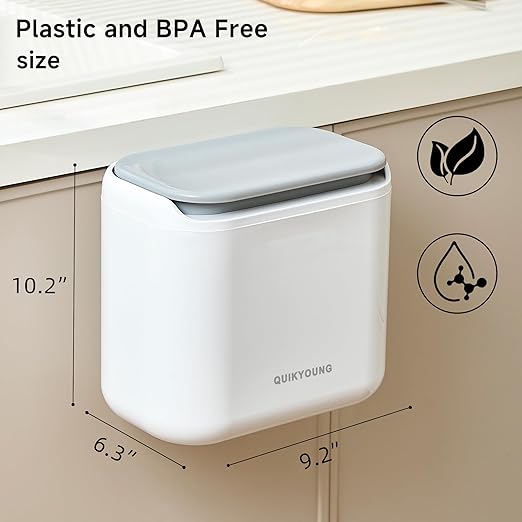 Small Trash Can with Lid, 1.8 Gallon Flip-Top Wall-Mounted Garbage Can, Slim Waste Basket & Compost Bin for Bathroom, Kitchen, Bedroom, Living Room, Office, Laundry - White (1.8 Gel)