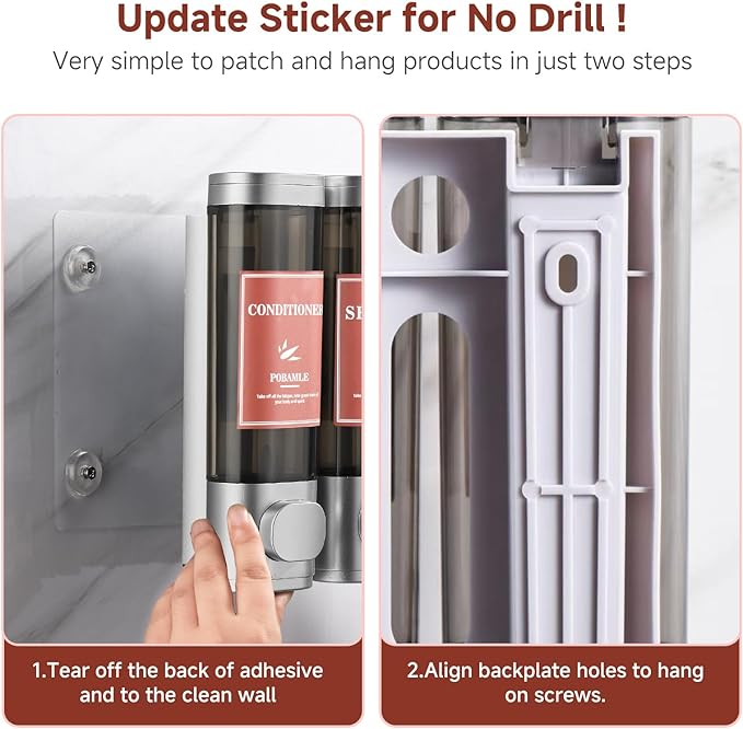 Shampoo and Conditioner Dispenser Wall Mounted Shower Soap Dispenser No Drill Shampoo Dispenser for Shower 3 Chamber Bathroom Body Wash Shower Gel Holder Sliver