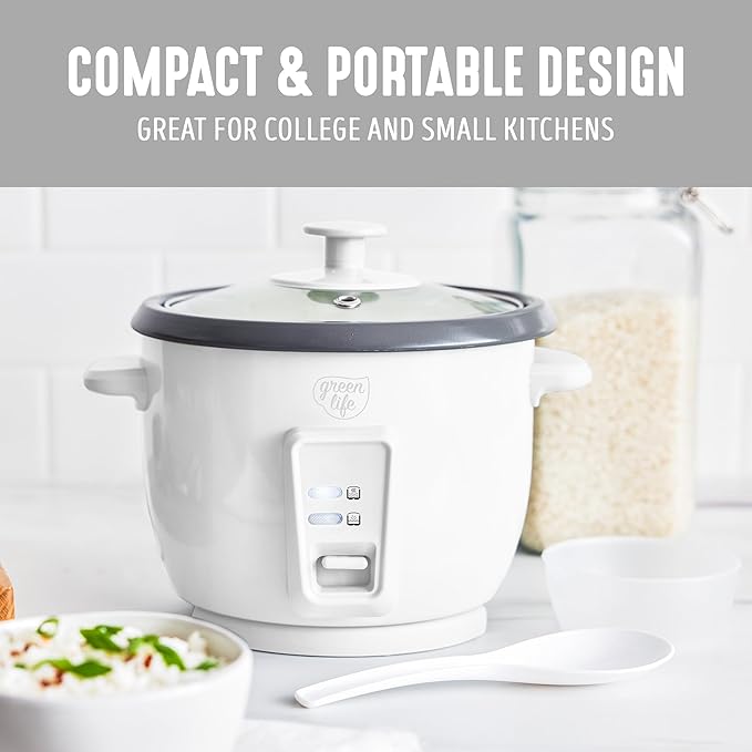 GreenLife Electric Rice Cooker, 3-Cups Uncooked/6-Cups Cooked, Removable PFAS-Free Nonstick Pot, One-Switch Design, Auto Keep Warm, Small Space Saving, Rice Paddle, Soup, Grains, Oatmeal, 1.5 QT, White
