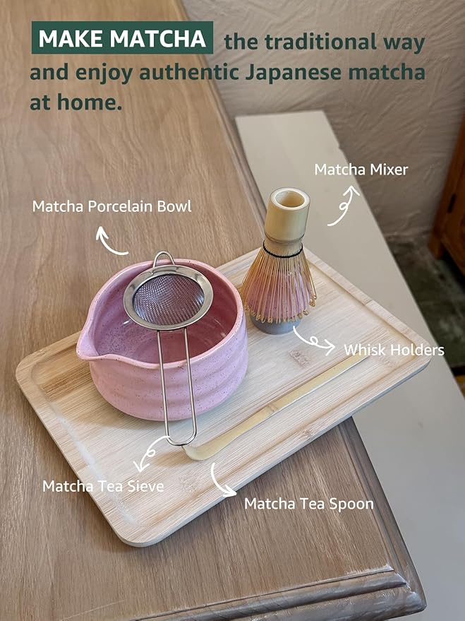 Sisher Matcha Set,Matcha Bowl with Spout,Cute Matcha Set(5pcs) Matcha Bowl,Bamboo Whisk, Matcha Scoop, Matcha Whisk Holder (Chasen Holder), Stainless Steel Sifter, Macha Kit