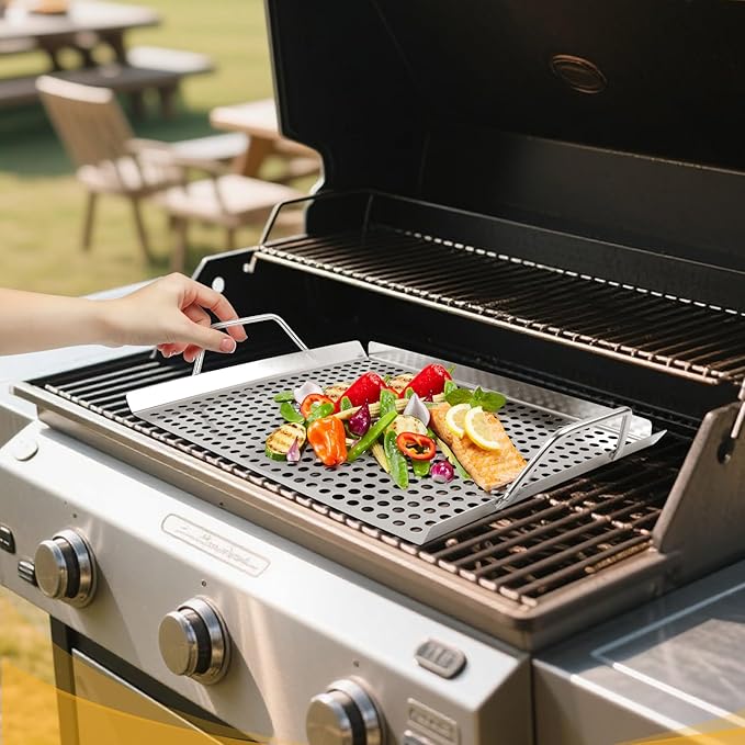 11 x 14 Inch Nonstick Grill Tray with Handles,Perforated Stainless Steel Grill Pans for Outdoor Grill,Heavy Duty Grilling Accessories for Charcoal/Gas Grills,Easy to Use and Clean (11 * 14)