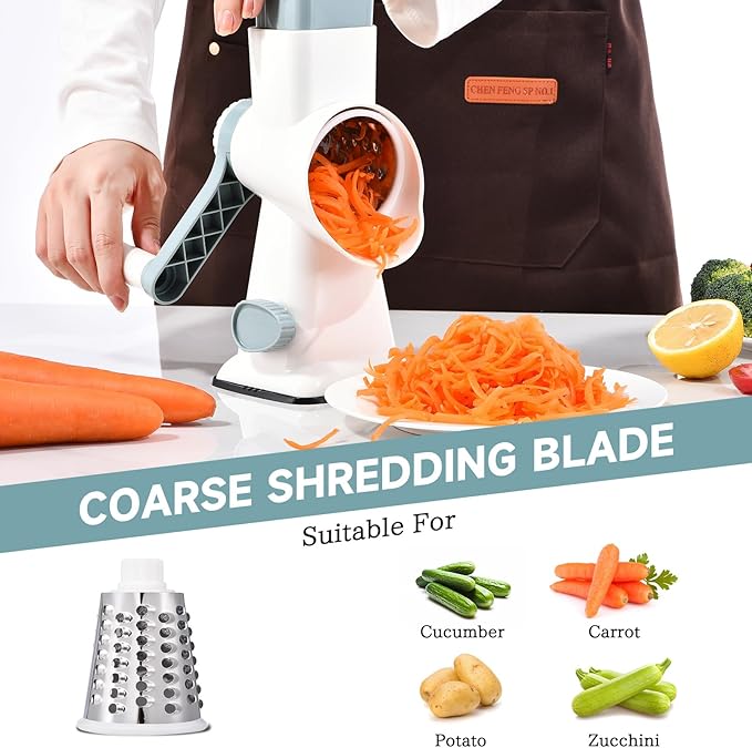 Rotary Cheese Grater with Handle Kitchen Shredder Slicer Grater Slicer Ice Shaver Cheese Vegetable Nuts Potato Zucchini Chocolate 3 Interchangeable Blades