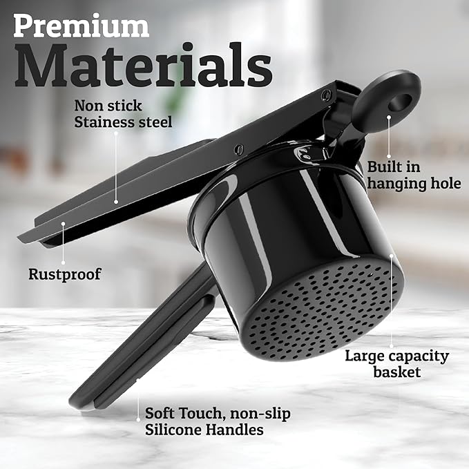 PriorityChef Large 15oz Potato Ricer, Heavy Duty Stainless Steel Potato Masher and Ricer Kitchen Tool, Press and Mash Kitchen Gadget For Perfect Mashed Potatoes - Everytime, All Black