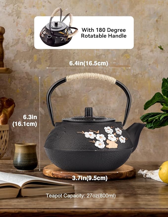 Japanese Cast Iron Teapot, Cast Iron Tea Kettle with Infuser, Plum Blossom Cast Iron Tea Pot for Stovetop Safe Coated with Enameled Interior 27.05oz/800ml