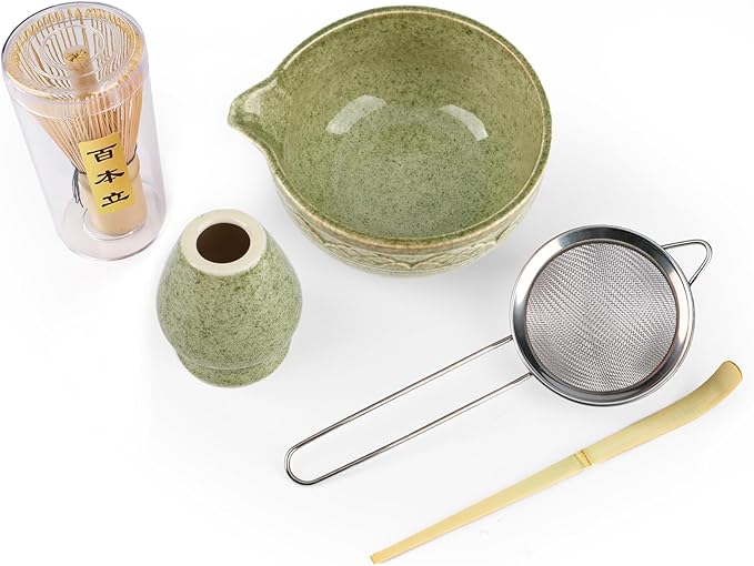 Japanese Matcha Whisk Set, 5-Piece Ceramic Chawan Bowl & Bamboo Whisk (Chasen) Kit | Complete Set for Traditional Matcha Making at Home, Ideal Gift for Tea Lovers (Green)