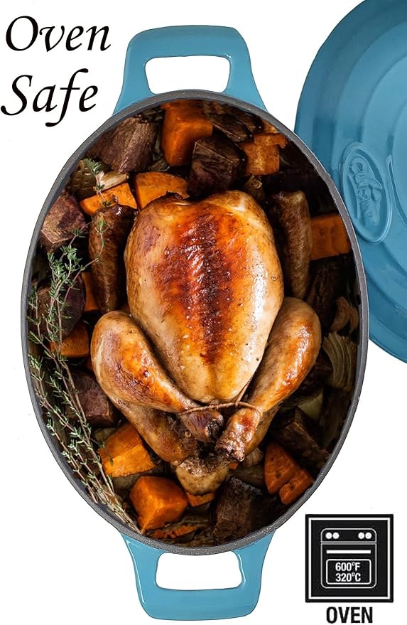 La Cuisine Enameled Cast Iron Oval Dutch Oven Casserole Pot with Lid, 6.75 QT Internal Matte Black Enamel for bread baking, 2-ton Teal Enamel Coating Finish Exterior, Oven Safe up to 500° F