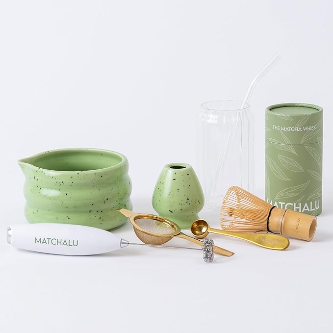 Matcha Whisk Set With Ceramic Matcha Bowl, Bamboo Whisk & Holder, Stainless Steel Spoon & Sifter, Glass Cup & Straw, Electric Frother, Storage Bag - Gift for Matcha Lovers (Premium 9-Piece Set Green)