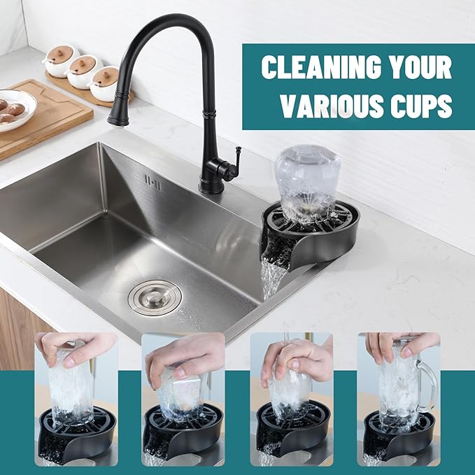 Glass Rinser for Kitchen Sink, High Pressure 360 Degree Rotating Spout Glass Rinser with Pull-out Spray Gun Design, Glass Cup Cleaner Sink Attachment Washer Baby Bottle, Glass Cup, Wine Glass (Black)