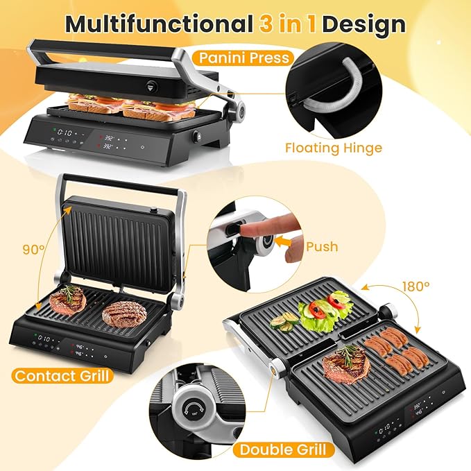 COSTWAY Electric Panini Press Grill, 1200W Gourmet Sandwich Maker w/Non-Stick Double Sided Plates & Removable Drip Tray, 3 in 1 Electric Indoor Gril, Open 180 Degrees to Fit Any Type or Size of Food