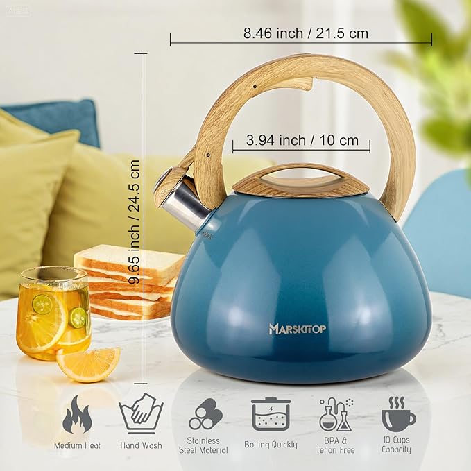MARSKITOP Tea Kettle Stovetop Whistling, 2.6 Quart Tea Pot for Stove, Food Grade Stainless Steel Teapot for Stovetop with Anti-Hot Handle, Suitable for All Heat Sources, Blue