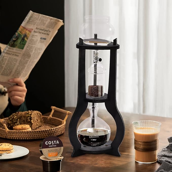 Cold Brew Coffee Maker, 600 ml/20.29 oz Iced Coffee Tower Dripper Coffee Maker & Tea Maker 6-8 Cups, High Borosilicate Glass, Wood, 304 Stainless Steel, Copper - for Home Office (Grey)