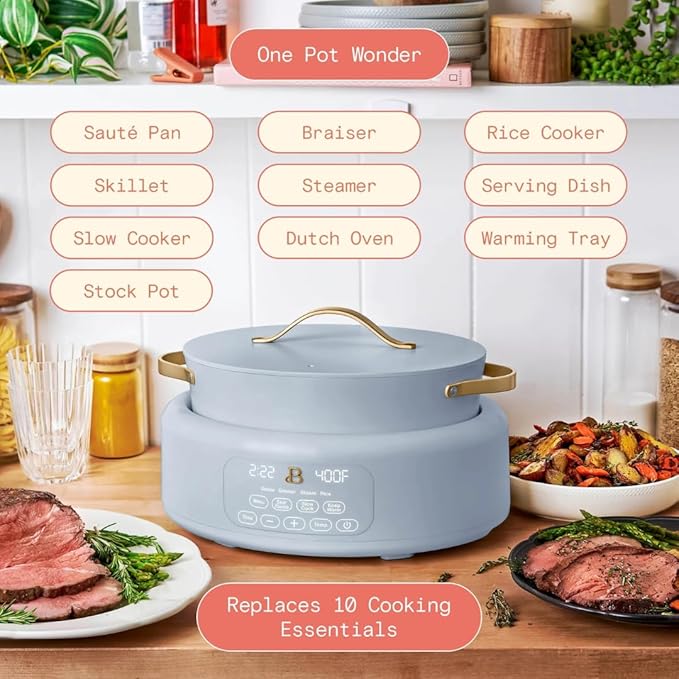 Beautiful 10-in-1 Electric Multi-Cooker by Drew Barrymore, 6-quart, digital display, 10 cooking functions, non-stick pot, easy one-touch control (Cornflower Blue)