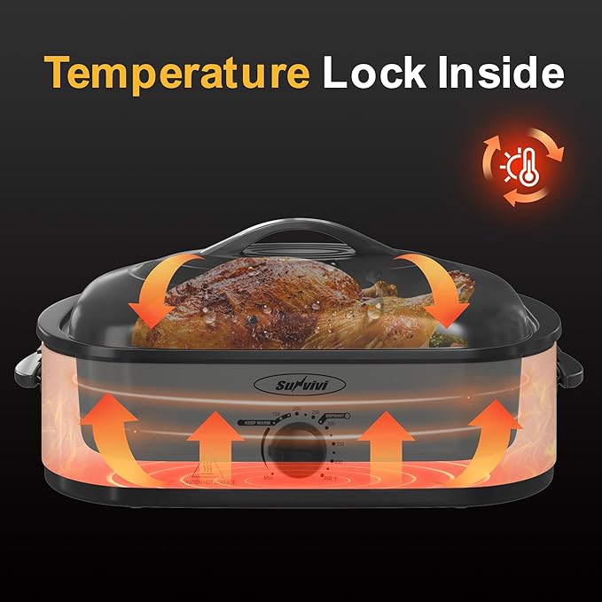 14-Quart Electric Roaster Oven with Self-Basting Lid, Turkey Roaster Oven with Removable Pan and Rack, Stainless Steel, Black, 14 QT