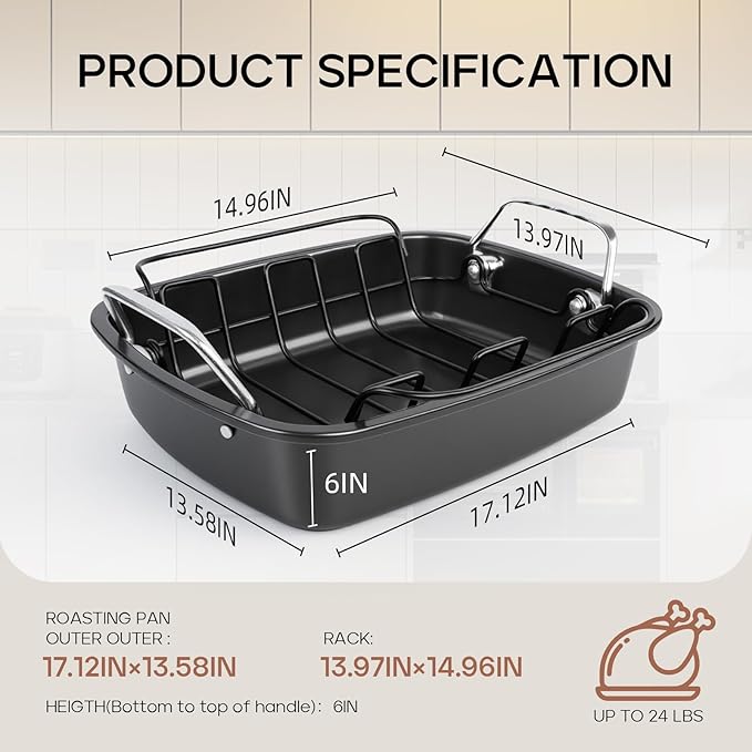 Nonstick Turkey Roasting Pan with Rack - 17×13.6 Inch Large Turkey Roaster Pan For Oven - Double-Ply Clad NonStick Roasting Pan For Roasting Chicken, Meats and Vegetables（Dark Gray）