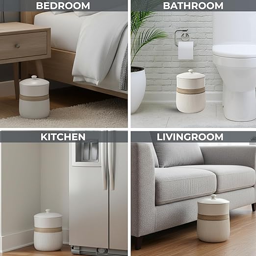 Escenzy Premium White Bathroom Trash Can with Lid 5L | 7" x 10" | Decorative Small Garbage Can | Luxury Ceramic Waste Basket for Bathroom, Bedroom, Kitchen, Hotels or Living Room Decor | Ideal Gift