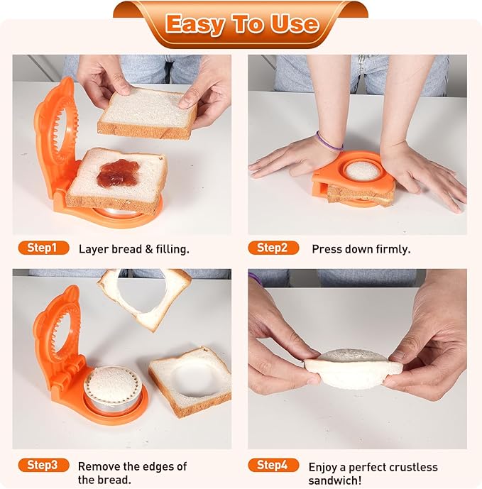 Leak-Proof & BPA-FreeSandwich Cutter and Sealer for PB&J, Round Crustless Kitchen Tool, Kids Lunch Snacks Maker for Biscuit & Cookie Dough, Orange