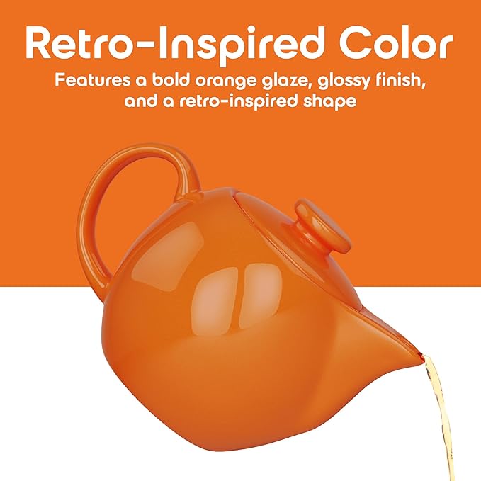 OmniWare 14 Oz Stoneware Teapot with Stainless Steel Mesh Infuser (Orange) - Microwave & Dishwasher Safe, Removable Infuser, Retro-Style Kitchenware Ideal for Loose Tea Brewing