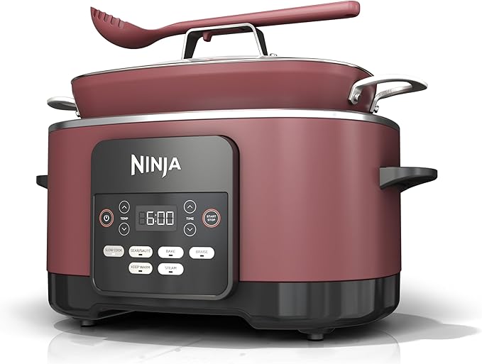 Ninja Foodi PossibleCooker PRO 8.5Qt Multicooker 8 in 1 Slow Cooker, Dutch Oven, Steam Bake Roast Sear Sauté Bread Maker Warmer, Glass Lid, Integrated Spoon, Nonstick (Cherry)
