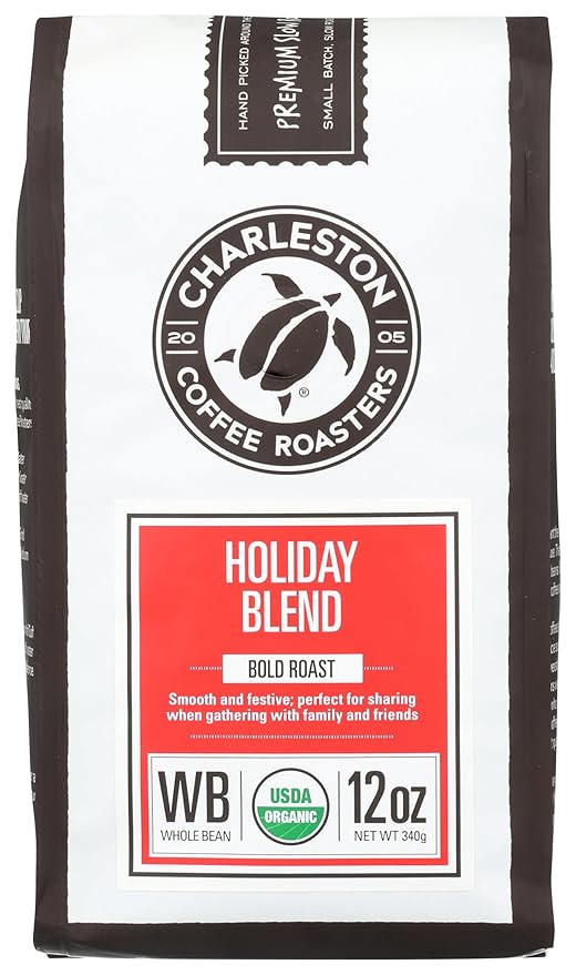 Charleston Coffee Roasters | Specialty Organic Whole Bean Bag | Hand Picked, Premium Slow Roast | Holiday Blend (12oz)