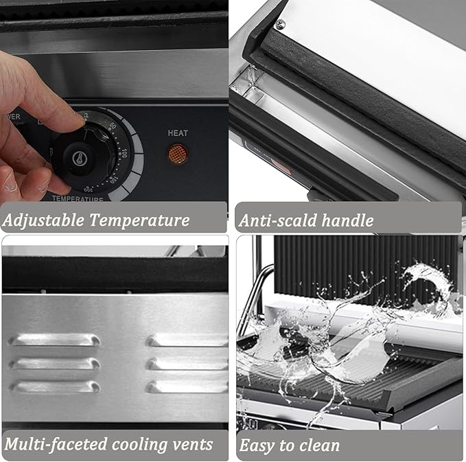Commercial Panini Grill,1800W Electric Sandwich Panini Maker,Stainless Steel Double Sandwich Press with Adjustable Temper,122°F-572°F Non-Stick Panini Press Griddle Machine for Steaks Bacons