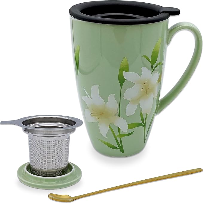 Tea Infuser Cup, 17oz Porcelain Large Tea Mugs with Infuser and Lid for Housewarming, Graduation, Retirement, Lily Green